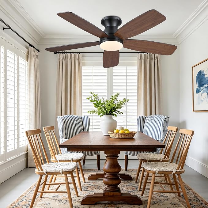 JSAITEE 48" Ceiling Fans with Lights Low Profile - Flush Mount Ceiling Fan with Light and Remote, 6 Wind Speeds Reversible, Quiet, 3CCT Dimmable, Fan Light for Modern Indoor, Bedroom, Kitchen, Brown