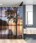 Ambesonne Seascape Stall Shower Curtain, Shore of Seventh Lake Tree Sunbeam at Sunset Water Reflection Tranquility, Fabric Bathroom Decor Set with Hooks, 54" W x 78" L, Brown Peach