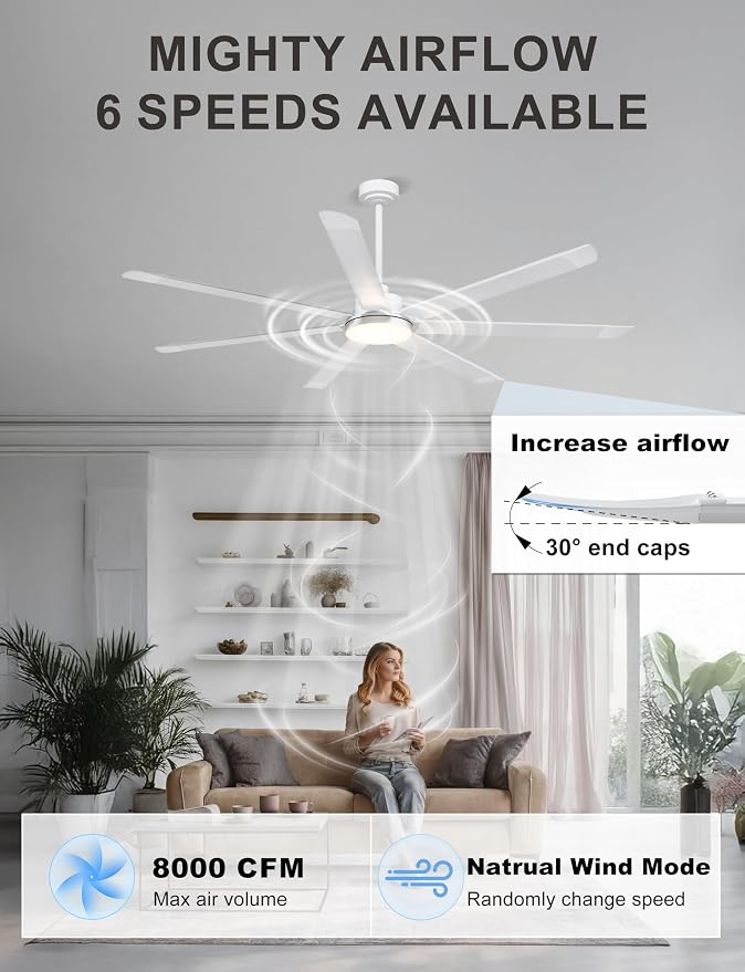 Ohniyou 72'' Industrial Ceiling Fan with Light for Patio, Garage, White | 8000 CFM Airflow, 35dB DC Motor, 7 Aluminum Blades, 3CCT Dimming, Remote/APP Control, Covered Outdoor Metal Fan