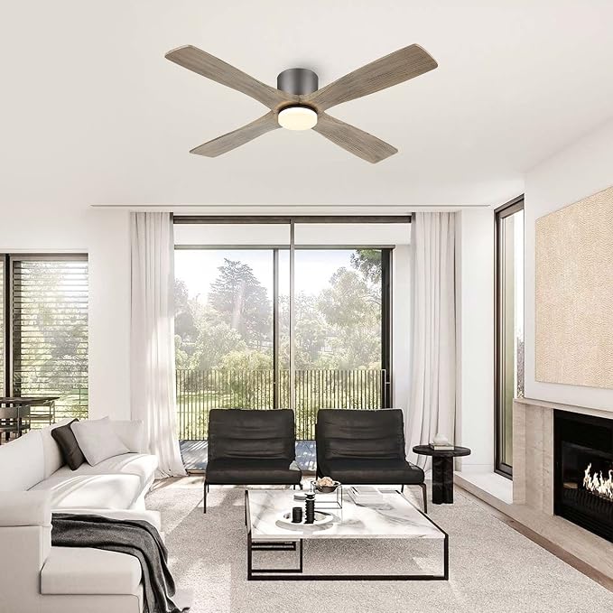 WINGBO 48 Inch Flush Mount DC Ceiling Fan with Lights and Remote, 4 Reversible Carved Wood Blades, 6-Speed Noiseless DC Motor, Hugger Ceiling Fan in Graphite Finish with Gray Blades