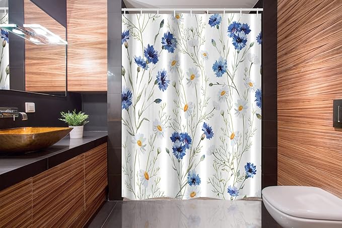 Ambesonne Watercolor Flower Stall Shower Curtain, Wildflowers and Cornflowers Daisies Blooms Flower Buds Art, Fabric Bathroom Decor Set with Hooks, 54" W x 78" L, Green Marigold