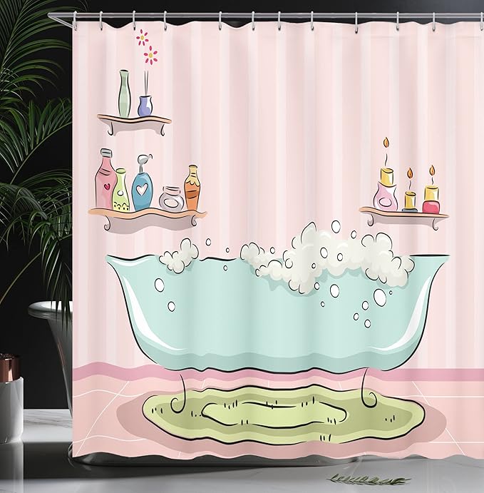 Ambesonne Feminine Shower Curtain, Illustration of a Bathtub with Bubbles in Girly Room Aroma Oil Aromatherapy, Cloth Fabric Bathroom Decor Set with Hooks, 69" W x 75" L, Pink Blue