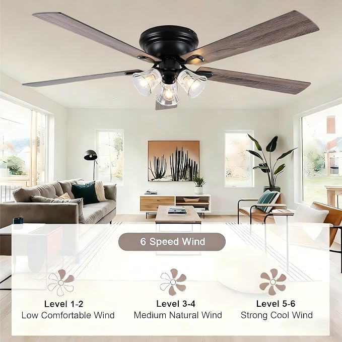 60" Vintage Ceiling Fan with Lights Remote, Flush Mount Fandelier | Farmhouse Ceiling Fan 3-Lights Rustic Chandelier for Living Room Bedroom, 3 E26 Bulb Bases Reversible Quiet DC Motor 6 Speeds
