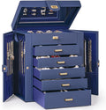 AKOZLIN 6-Tier Jewelry Box Organizer Functional 5 Drawers Leather Jewelry Storage Case for Women Girls Ring Necklace Earring Bracelet Holder Organizer with Mirror Medium Blue