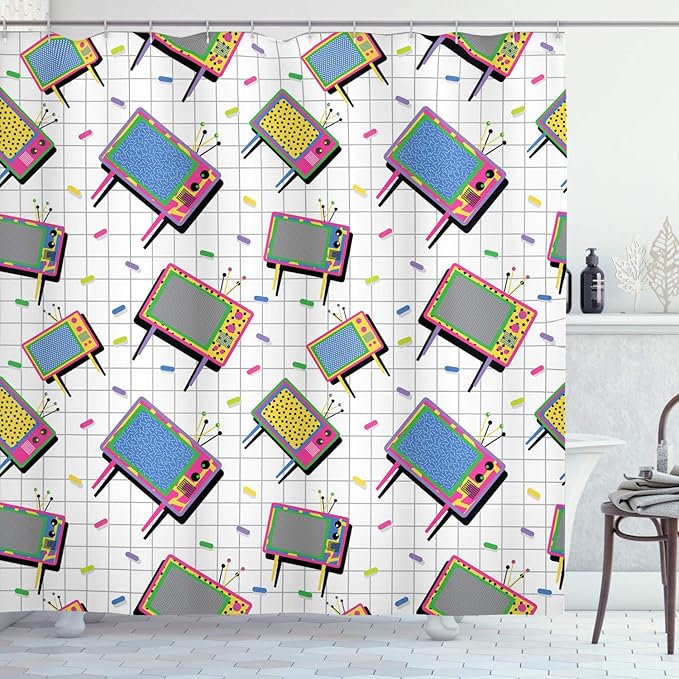 Ambesonne Vintage Shower Curtain, Funny Retro 80s Memphis Neon Color TV with Background Cartoon Style Vintage Design, Cloth Fabric Bathroom Decor Set with Hooks, 69" W x 70" L, Grey Aqua