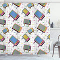 Ambesonne Vintage Shower Curtain, Funny Retro 80s Memphis Neon Color TV with Background Cartoon Style Vintage Design, Cloth Fabric Bathroom Decor Set with Hooks, 69" W x 70" L, Grey Aqua