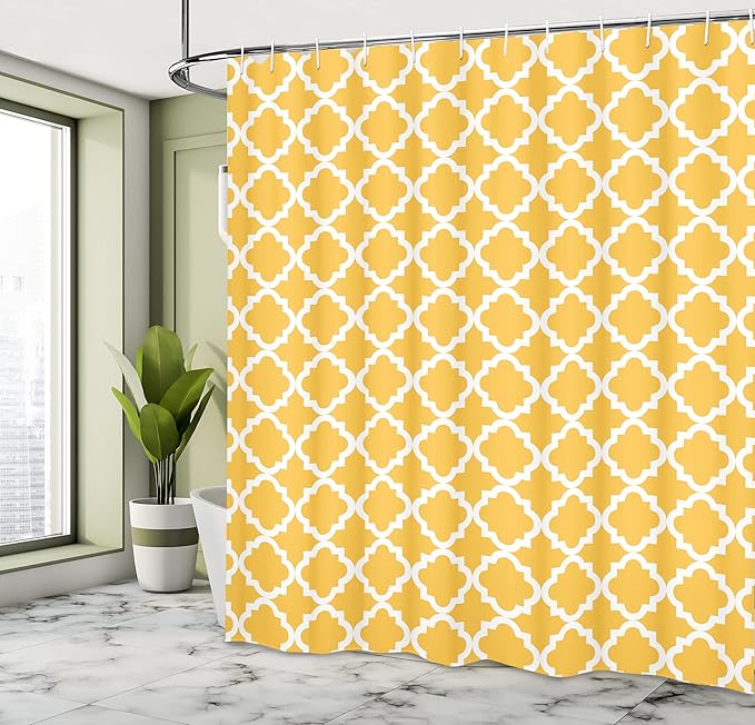 Ambesonne Quatrefoil Shower Curtain, Vintage Classic Pattern with Monochrome Elements in Old Fashioned Style Print, Cloth Fabric Bathroom Decor Set with Hooks, 69" W x 70" L, Mustard White