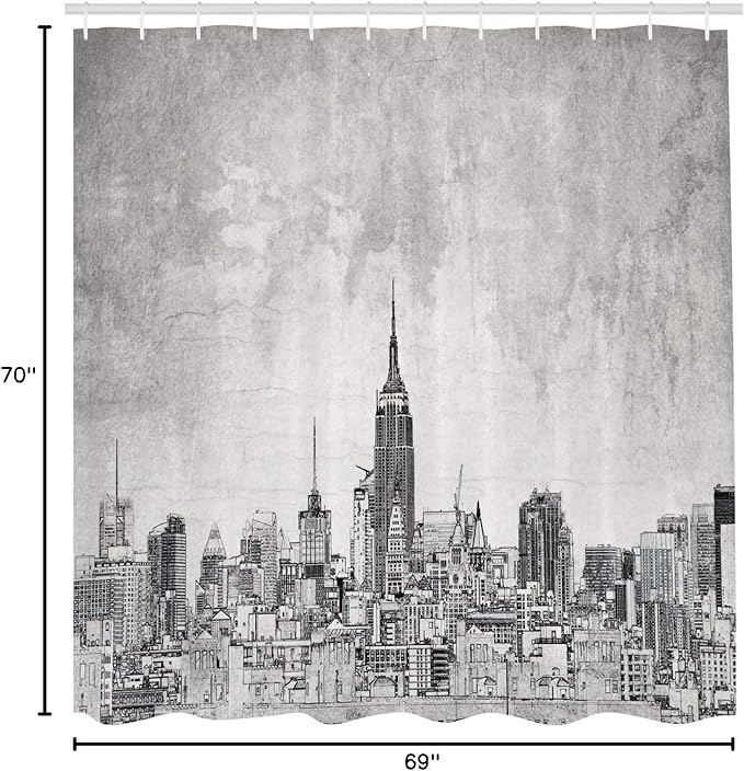 Ambesonne Sketchy Shower Curtain, Cosmopolitan New York City Skyline with The Iconic Skyscrapers and High Buildings Artwork Design, Cloth Fabric Bathroom Set with Hooks, 69" W x 70" L, Grey Charcoal