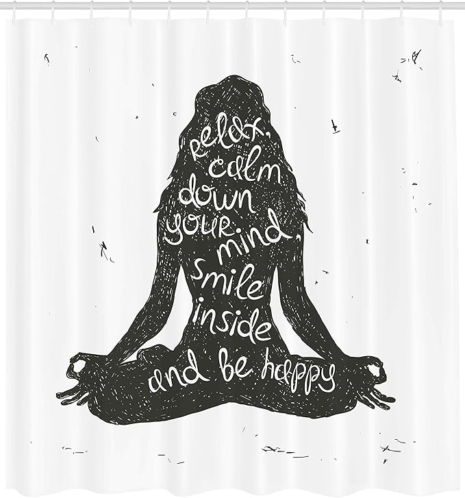 Ambesonne Yoga Shower Curtain, Relax Calm Down Smile Be Happy Typography Poster Woman Silhouette Sitting Yoga, Cloth Fabric Bathroom Decor Set with Hooks, 69" W x 84" L, Green White