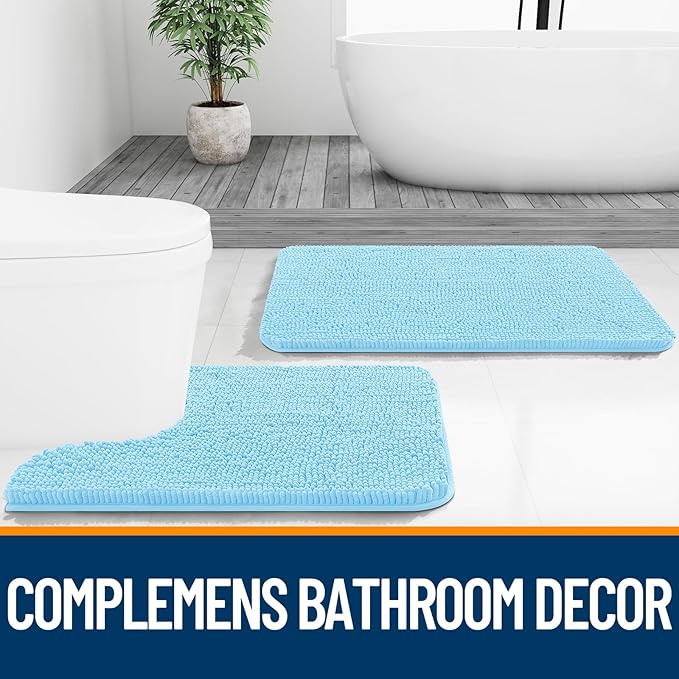 OLANLY Bathroom Runner Rugs 70x24, Soft Absorbent Chenille Bath Rugs, Rubber Backing Quick Dry, Machine Washable Long Bath Mats for Bathroom Floor, Tub and Shower, Home Decor Accessories, Sky Blue
