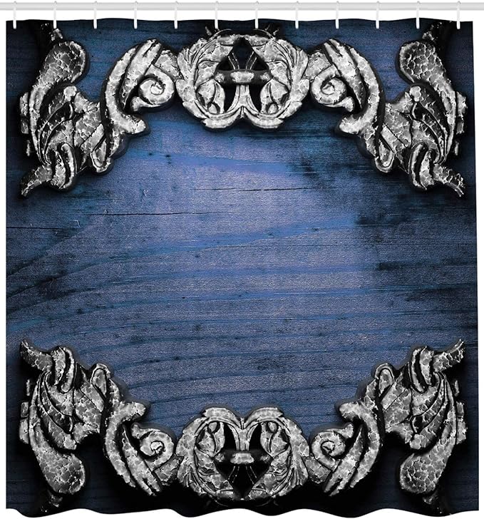 Ambesonne Victorian Shower Curtain, Iron Ornament on Wooden Britain Gothic Revival Art Peace Print, Cloth Fabric Bathroom Decor Set with Hooks, 69" W x 84" L, Dark Blue Grey