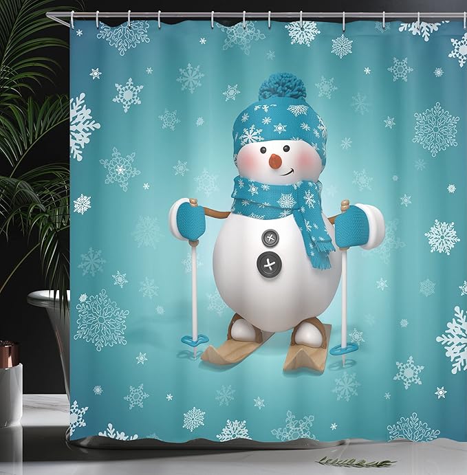 Ambesonne Snowman Shower Curtain, Skiing with Ornate Snowflakes Winter Vacation Activity Fun Hobby, Cloth Fabric Bathroom Decor Set with Hooks, 69" W x 75" L, Turquoise White Pale Brown