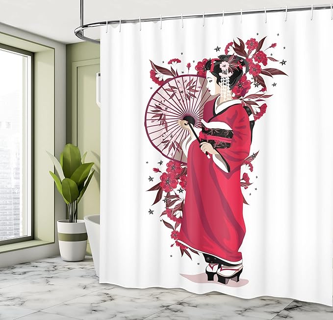 Ambesonne Japanese Shower Curtain, Lady in Kimono with Flowers and Umbrella Traditional Clothes Art, Cloth Fabric Bathroom Decor Set with Hooks, 69" W x 70" L, Fuchsia White