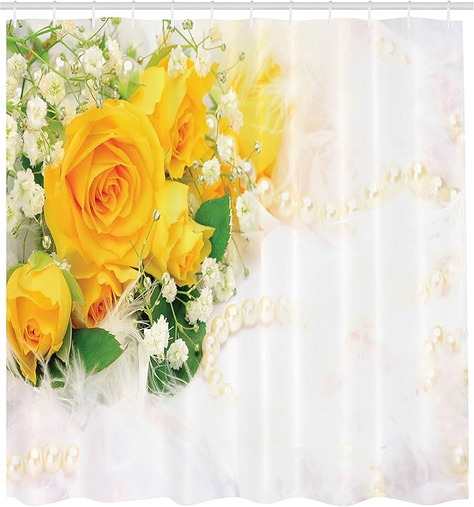 Ambesonne Yellow Shower Curtain, Bouquet of Romantic and Colorful Roses on a White Background Adoration, Cloth Fabric Bathroom Decor Set with Hooks, 69" W x 70" L, Yellow Pearl Fern Green
