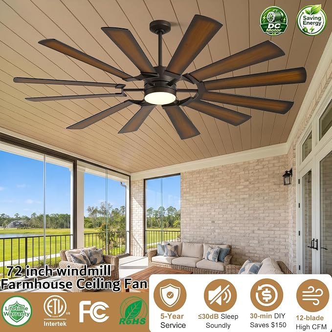 62 Inch Outdoor Windmill Ceiling Fan with Light for Patios, ETL Rustic Farmhouse, Large Airflow High 8095 CFM, 3 Downrod, Quiet Reversible DC Motor for Living Room Bedroom Garage Dual Finish 12 Blades