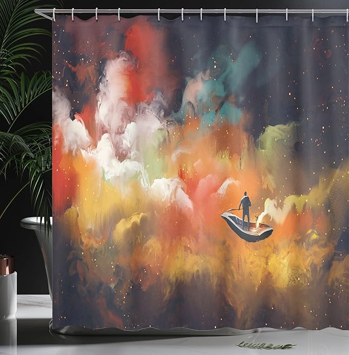 Ambesonne Fantasy Shower Curtain, Man on a Boat Floating Within Nebula Cloud in Vivid Colorful Psychedelic Background, Cloth Fabric Bathroom Decor Set with Hooks, 69" W x 84" L, Night Blue