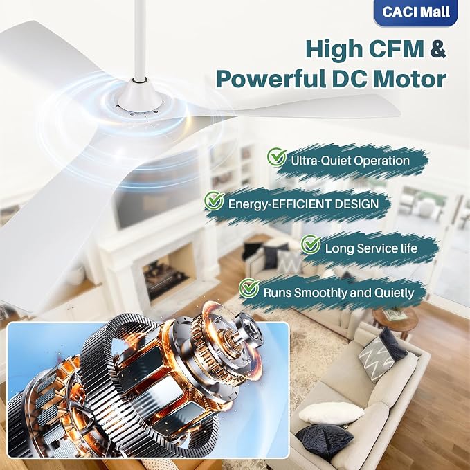 CACI Mall 52 Inch Propeller Ceiling Fan No Light, Remote Control, 6 Speeds Noiseless DC Motor, 3 ABS Blades, Indoor Outdoor Ceiling Fans for Living Room, Bedroom, Patio