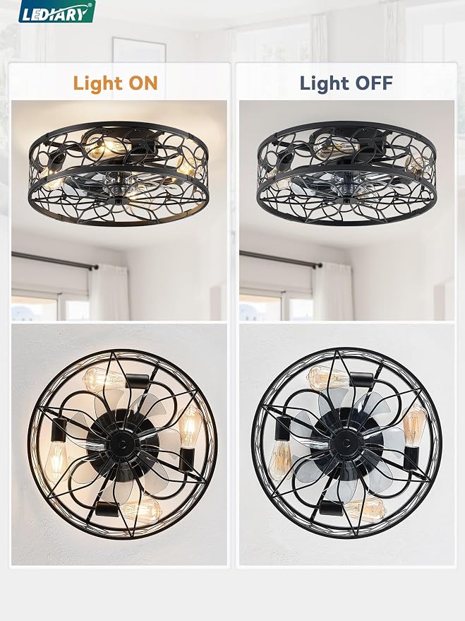 LEDIARY Caged Ceiling Fans with Lights, Black Flush Mount Ceiling Fan with Remote&App, Small Low Profile Bladeless Ceiling Fan Light Fixture for Bedroom, Kitchen, Dining Room.