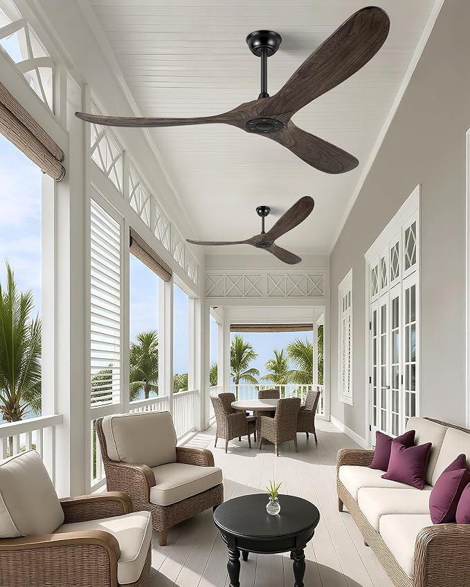 52" Ceiling Fans Without Light, Solid Wood Ceiling Fan with Remote Control and DC Motor, No Light, Modern Ceiling Fan with 3 Blades, Indoor Outdoor for Patios, Bedroom - Deep Brown
