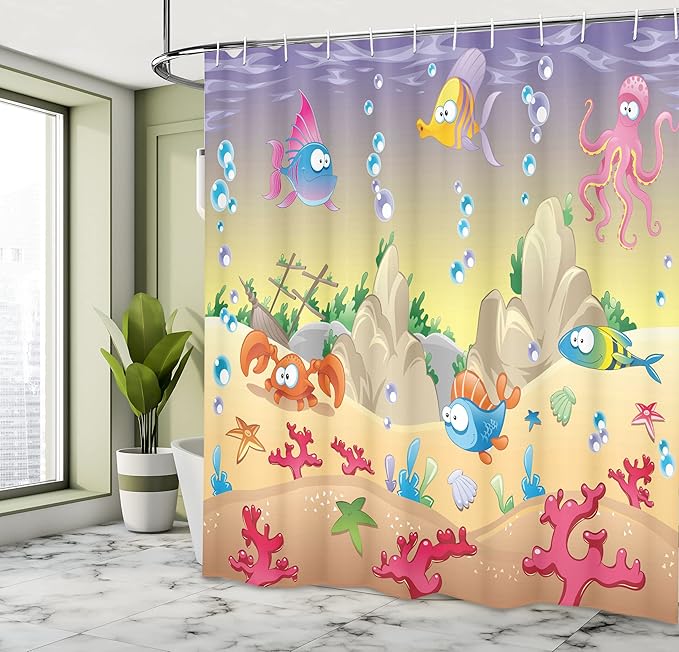 Ambesonne Underwater Shower Curtain, Cartoon Design Funny Sea Animals Fishes Sunken Ship Coral Reef and Bubbles, Cloth Fabric Bathroom Decor Set with Hooks, 69" W x 75" L, Warm Taupe Blue