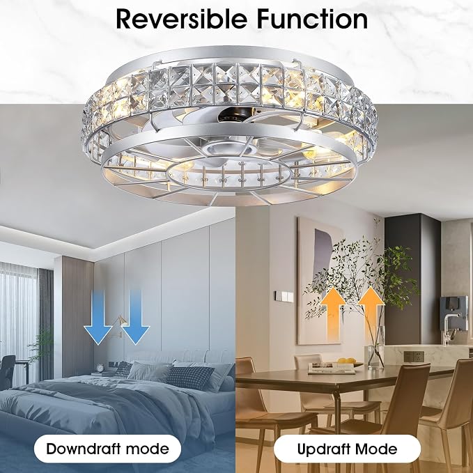 SHIHOT 18" Crystal Low Profile Caged Ceiling Fans with Lights and Remote | Safe Crystal Caged-Design,Supports Both Remote and APP,6 Wind Speeds, Reversible, Quiet DC Motor,Suits for Bedroom Kidsroom