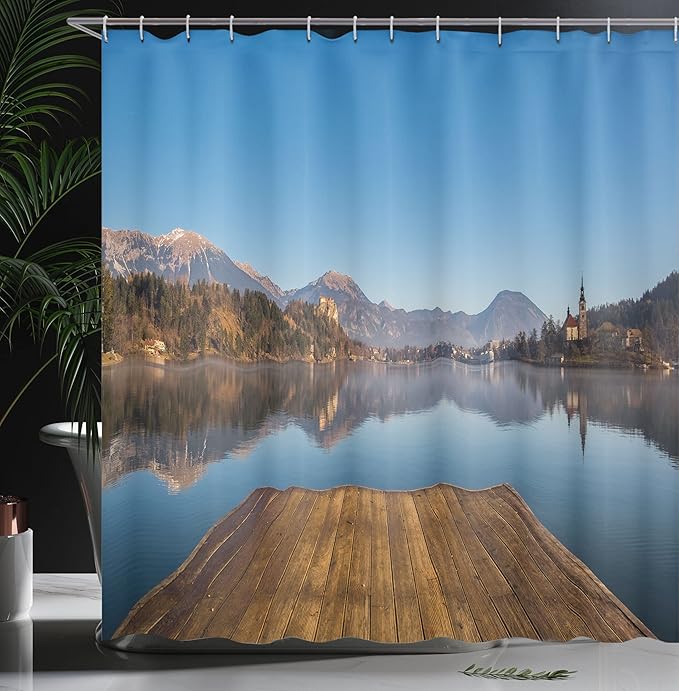 Ambesonne Landscape Shower Curtain, Old Deck by River Mountains Landscape Fall in Village Rural Scenic Print, Cloth Fabric Bathroom Decor Set with Hooks, 69" W x 70" L, Caramel Blue
