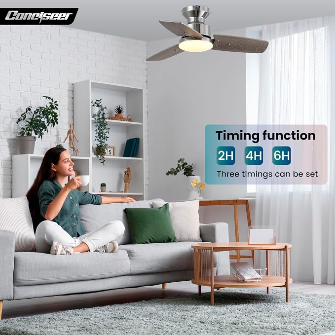 30 Inch Ceiling Fans with Lights and Remote, Bedroom Living Room Office, Flush Mount, 6CCT Dimmable, Dual Color 3 Blades 6 Speed Reversible Quiet DC Motor, Chrome-Plated/Wood Grain