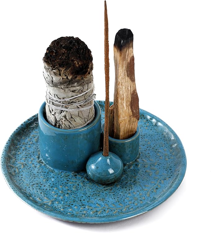 5 in 1 Incense Holder Burner, 5.9" Ceramic Holder for Burning Palo Santo Sage Candle and Incense Sticks Cones, Ash Catcher Tray for Meditation Room Home Décor (Blue)