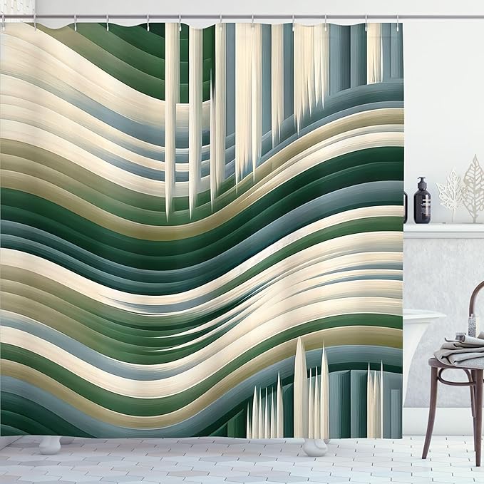Ambesonne Striped Shower Curtain, Abstract Print Horizontal and Vertical Monochromatic Waves Stripes, Cloth Fabric Bathroom Decor Set with Hooks, 69" W x 70" L, Evergreen Blue Grey Beige