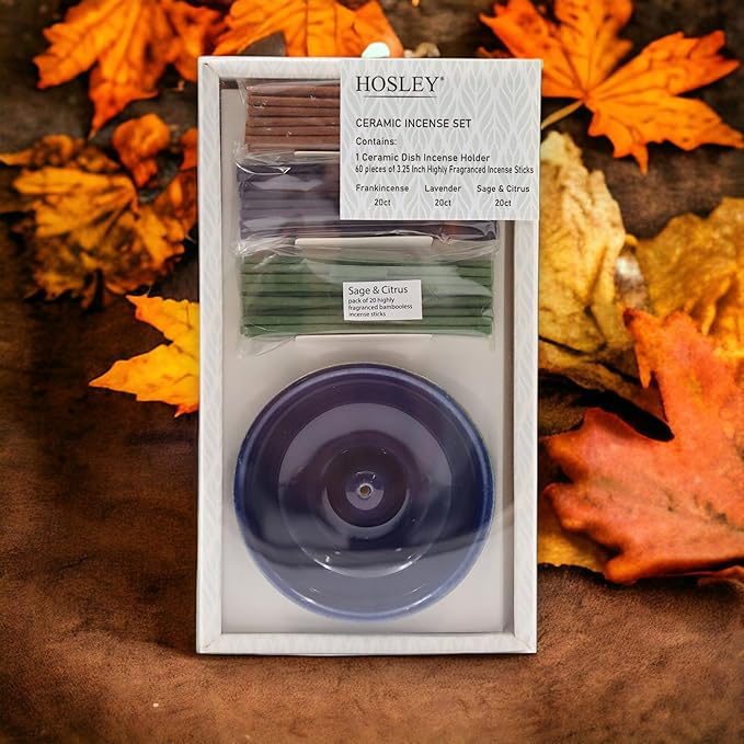 Hosley Incense Gift Set 6-Pack - Includes 60 Incense Sticks & Ceramic Holder - Ideal Bathroom Set for Meditation, Spa, or Relaxing Atmosphere