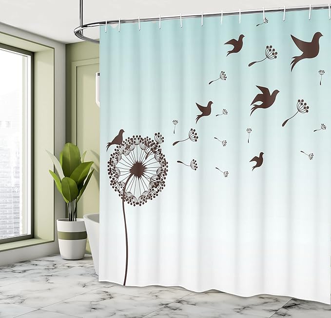 Ambesonne Art Shower Curtain, Dandelion Flower Arrangement Petals Doves Flying Silhouettes Fantasy Blooms Print, Cloth Fabric Bathroom Decor Set with Hooks, 69" W x 70" L, Turquoise Brown