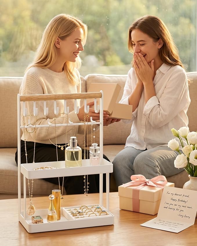 4-Tier Jewelry Organizer Stand with 12 Hooks & Velvet Ring Tray, Necklace Holder, Tangle-Free Jewelry Display for Bracelets Rings, Room Dorm Decor for Dresser Vanity, Gift for Teen Girls, White