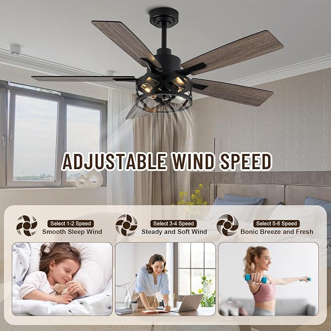 52" Farmhouse Ceiling Fan with Lights and Remote Control | Reversible DC Motor,5 Double Finish Wood Blades,Caged Rustic Ceiling Fan with Light for Bedroom,Living Room,Dining Room