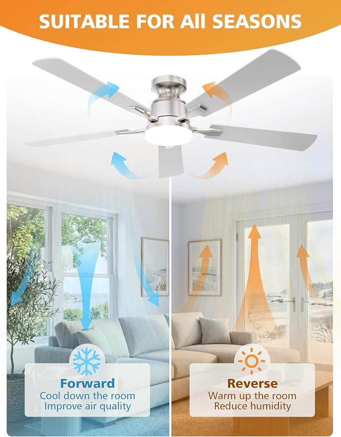 VOLISUN 52 Inch Ceiling Fan with Lights Flush Mount, Low Profile Ceiling Fans with Lights, Remote&APP Control,Dimmable 22W LED Light,Queit&Reversible Fan, Ceilings Fans for Bedroom, Living Room,Nickel