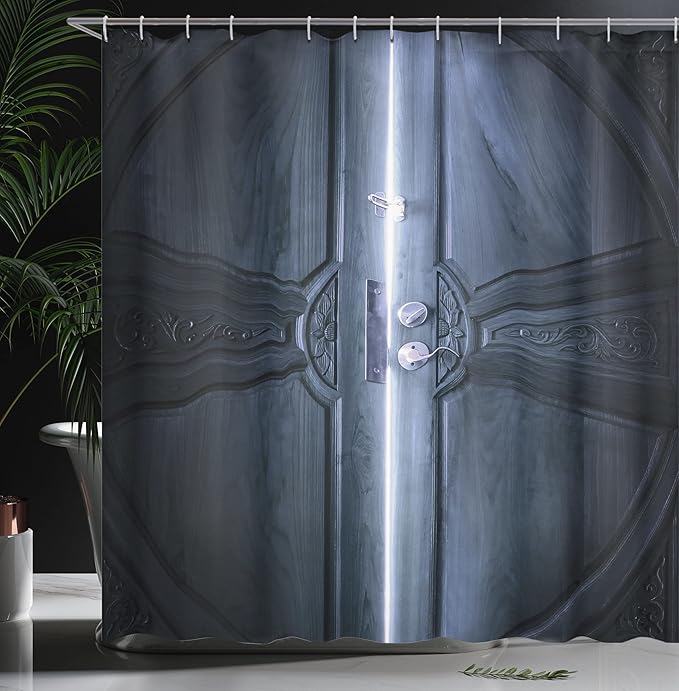 Ambesonne Rustic Shower Curtain, Sun Rays Entering Through Slightly Open Door Shadow Sunbeam Inside The House Image, Cloth Fabric Bathroom Decor Set with Hooks, 69" W x 70" L, Black White