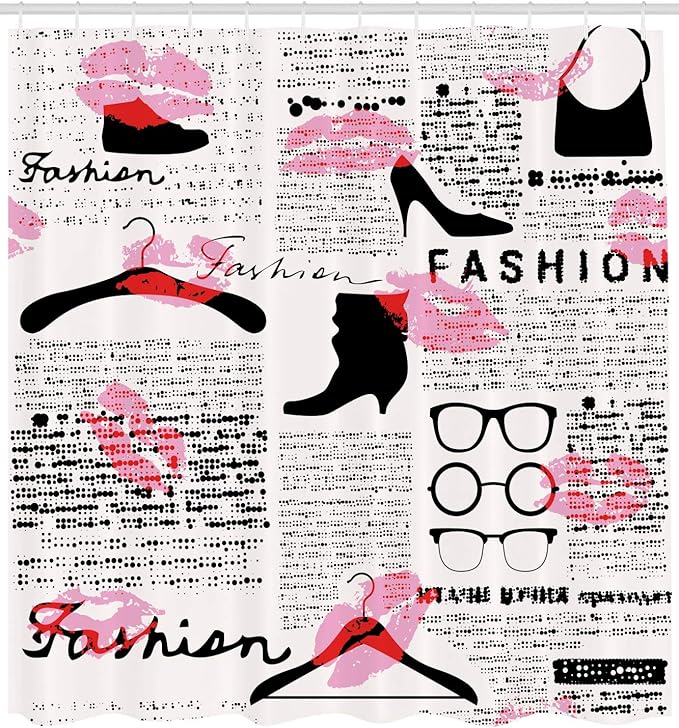Ambesonne Old Newspaper Shower Curtain, Fashion Elements Kisses Lipstick Glasses Shoes Hangers Print, Cloth Fabric Bathroom Decor Set with Hooks, 69" W x 75" L, Pink Scarlet