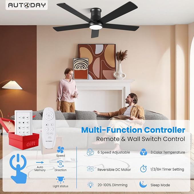 52 Inch Low Profile Ceiling Fan with Light, Black Flush Mount Ceiling Fans with Lights and Remote, 6 Speeds Reversible Quiet DC, 3CCT Dimmable, Indoor Outdoor Ceiling Fans for Patios Bedroom