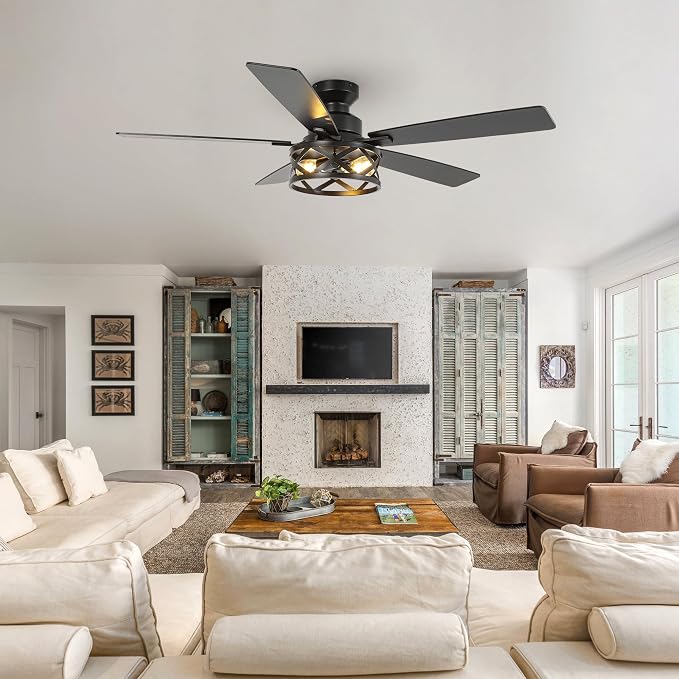Qcyuui 52 Inch Farmhouse Ceiling Fan with Light and Remote Black Industrial Caged Flush Mount Ceiling Fan with Dual Finish 5 Blades 6 Speed Reversible Motor Rustic Ceiling Fan for Living room
