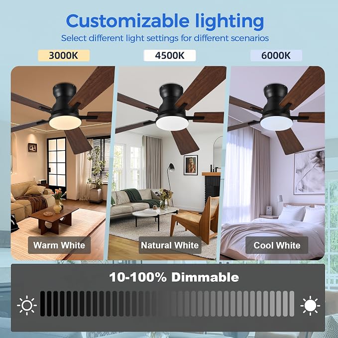 Ayaoty Ceiling Fans with Lights,52 Inch Low Profile Ceiling Fan with Light-Flush Mount Dimmable, Quiet DC Motor for Outdoor Patio,Garage,Bedroom Brown