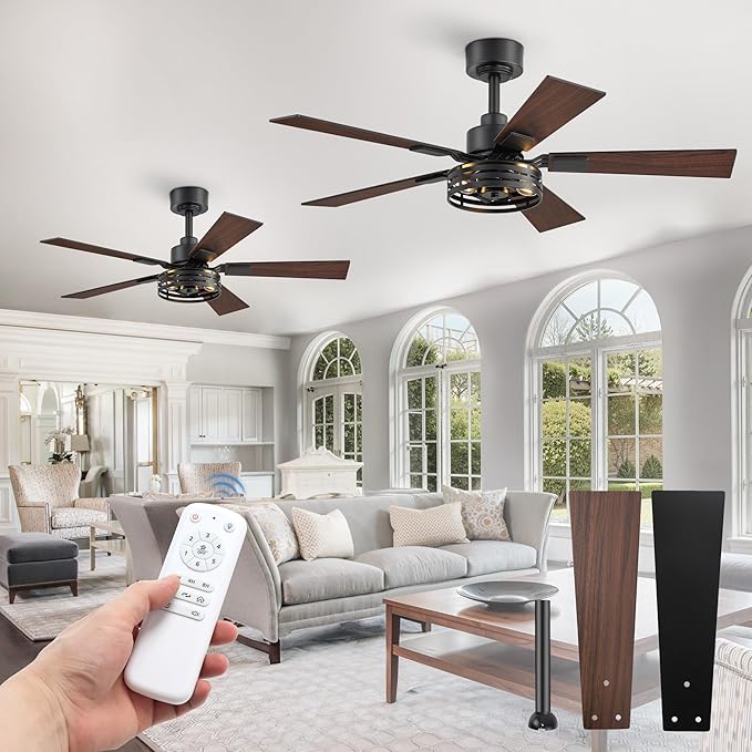 42 Inch Farmhouse Ceiling Fan with Lights 2 Pack, Rustic Black Ceiling Fans with Remote, 5 Dual Finish Blades, Quiet 6 Speed Reversible DC Motor, Caged Industrial Fan for Bedroom, Living Room, Patio