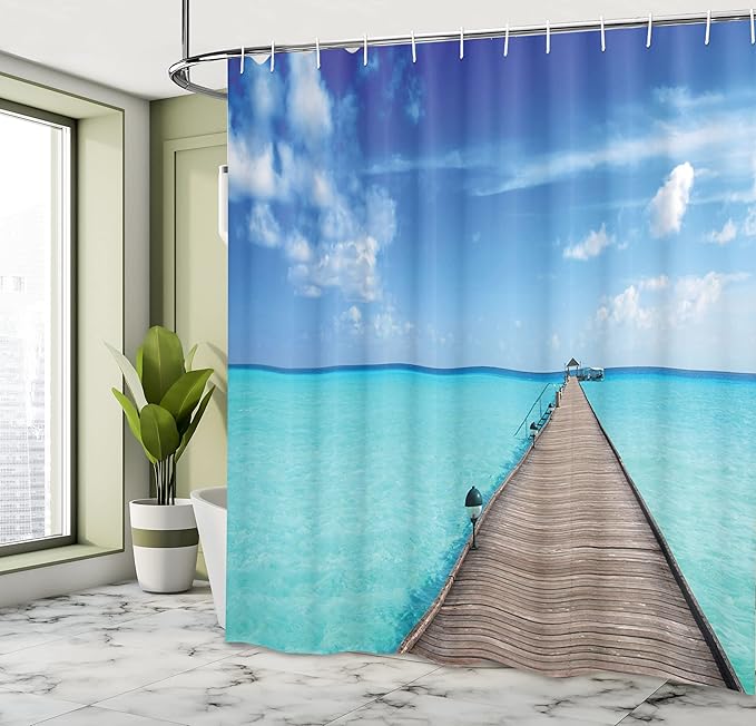 Ambesonne Tropical Shower Curtain, Wooden Jetty Over Clear Maldivian Sea Tropical Beach Vacation Travel Image, Cloth Fabric Bathroom Decor Set with Hooks, 69" W x 75" L, Aqua Blue Umber