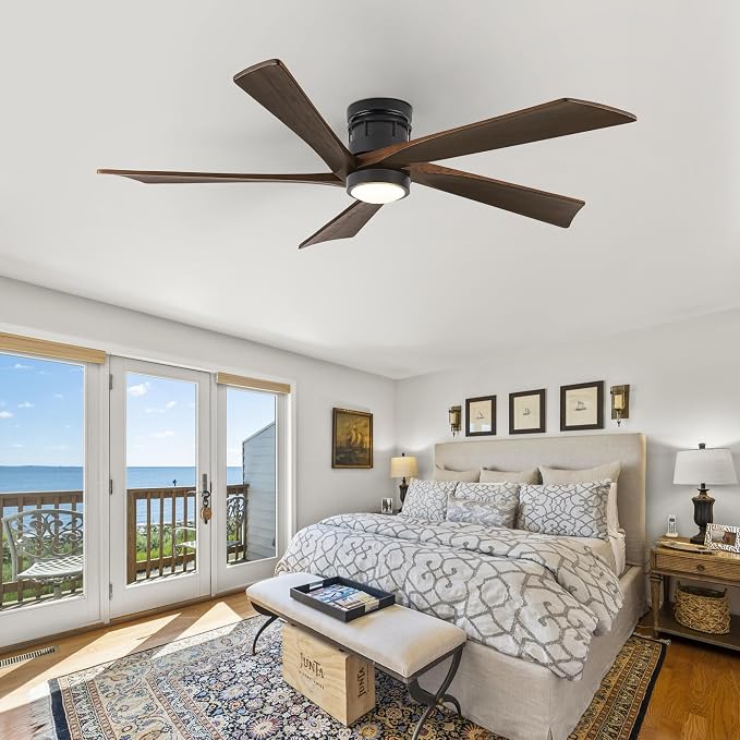 EKIZNSN 64 Inch Outdoor Low Profile Flush Mount Ceiling Fans with Lights and Remote Control for Patios, 6-Gear Speed, 110V Noiseless Reversible DC Motor (Black Finish with Walnut Blades)