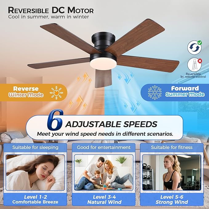Ayaoty Flush Mount Ceiling Fan with Light and Remote/APP - 48" Low Profile Ceiling Fan with 3CCT Dimmable, 5 Reversible Blades, Modern Indoor Fan Light Fixtures for Bedroom, Kitchen