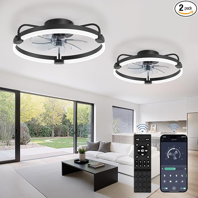 LEDIARY 2 Pack Ceiling Fans with Lights and Remote, 20'' Low Profile Ceiling Fan with Light, 3000-6000K Dimmable Fandelier LED Fan Light, 6 Wind Speeds, Black Flush Mount Ceiling Fan for Bedroom