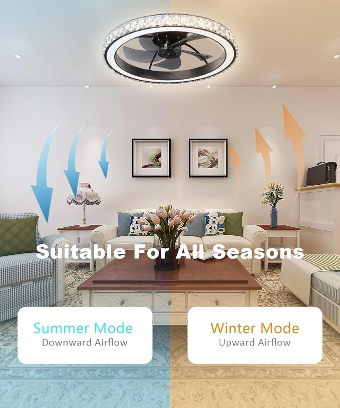 Aipsun Low Profile Modern Crystal Chandelier Ceiling Fans with Lights and Remote, 3000K-6500K Smart Bladeless LED Fan Light, 22" Black Modern Ceiling Fans with Lights for Bedroom