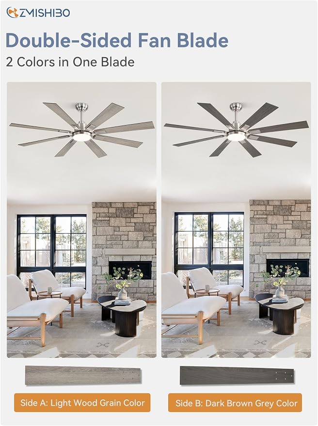 ZMISHIBO 62 inch Brushed Nickel Modern Ceiling Fan with Light and Remote, Indoor/Outdoor Industrial Ceiling Fan for Living Room Patio, 6 Speed Reversible Quiet DC Motor, 3 CCT, Dual Finish 8 Blades