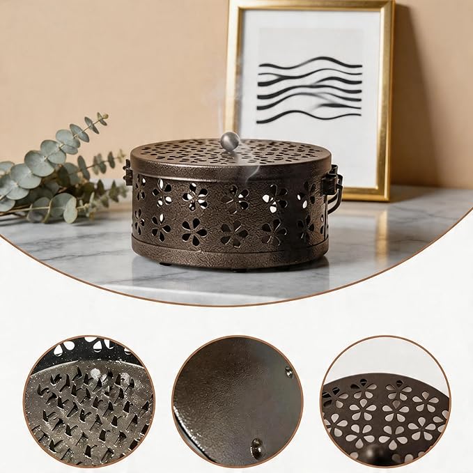 2-Pack Retro Bronze Mosquito Coil Holder, Outdoor Citronella Incense Sticks Burner, Metal Incense Holder with Handle