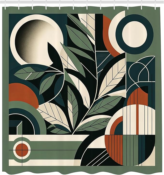 Ambesonne Mid Century Modern Shower Curtain, Leaves Art with Abstract Retro Geometric Lines and Shapes, Cloth Fabric Bathroom Decor Set with Hooks, 69" W x 84" L, Sage Green Cinnamon Beige