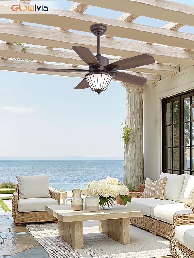 42 Inch Outdoor Ceiling Fan with Lights for Patios, IP65 Waterproof, Remote Control, 6-Speed Quiet DC Motor, 5 Dual Finish Blades, Farmhouse Ceiling Fan for Patios Porch Pavilion(Oil-Bronze)