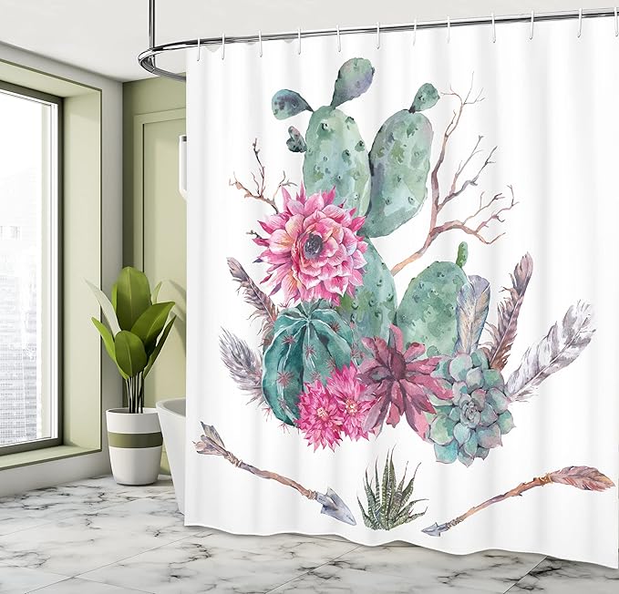 Ambesonne Cactus Shower Curtain, Exotic Natural Vintage Style Watercolor Bouquet Bohemian Arizona Vegetation, Cloth Fabric Bathroom Decor Set with Hooks, 69" W x 84" L, Green Pink Brown